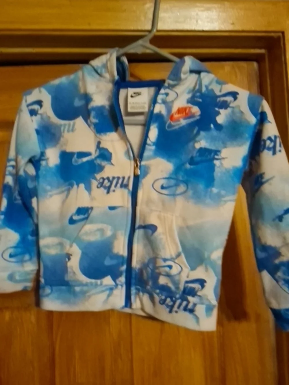 Nike Kids Blue & White Tie-Dye Zip Hoodie with Orange Logo